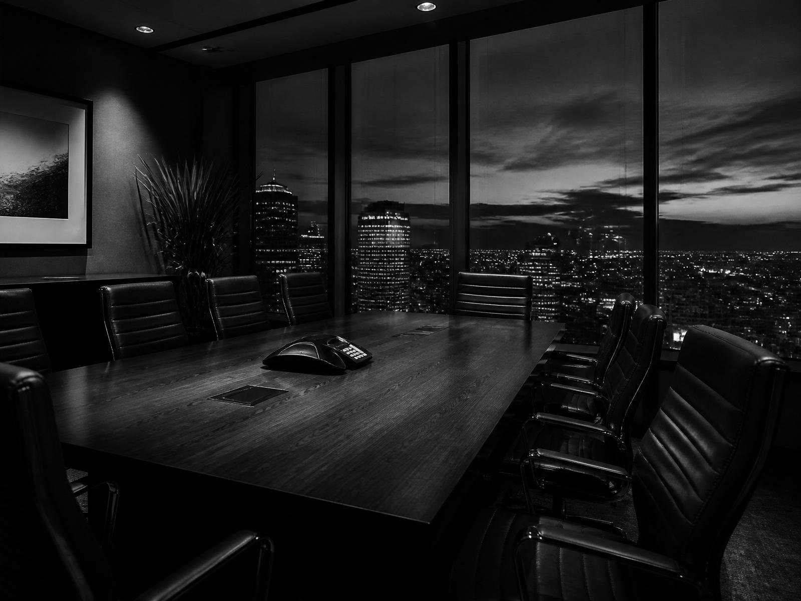 Empty boardroom overlooking a city at dusk
