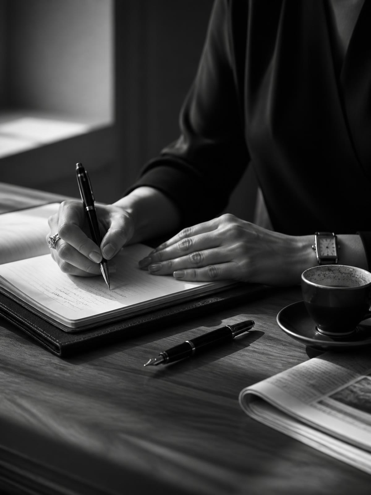 Hands writing in an open leather notebook beside a fountain pen and espresso